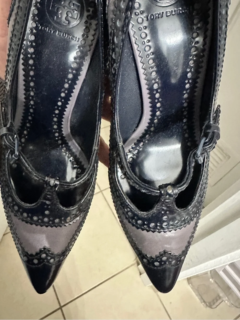 Tory Burch Black and Gray Pointed-Toe Mary Jane Heels